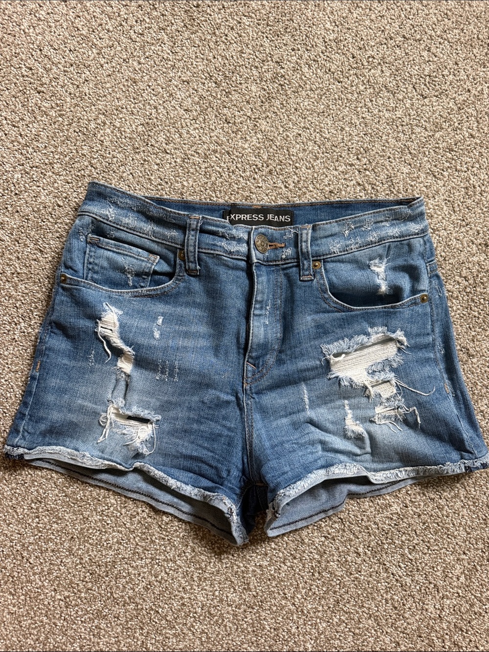 Express Women's Ripped Blue Denim Jean Shorts